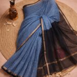 Handblock Printed Kota Doria Saree in Indigo & Charcoal