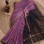 Handblock Printed Kota Doria Saree in Plum & Charcoal