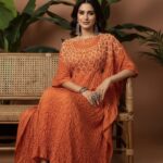 Vibrant Orange: Sunset Ochre Bandhani Kaftan