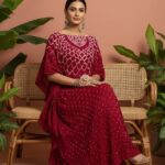 Deep Maroon: Crimson Bloom Bandhani Kaftan