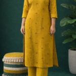 Mustard Yellow Handloom Cotton V-Neck Kurta Set