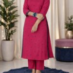 Handloom Cotton Embroidered Kurta Set in Deep Pink